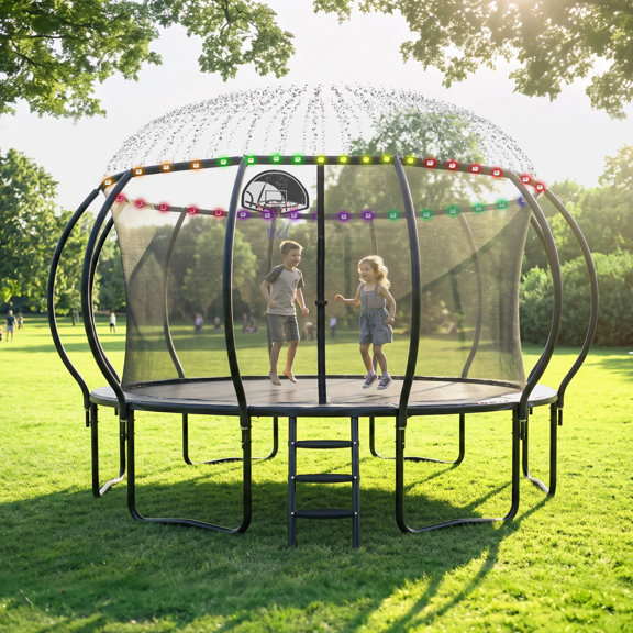Cochan Outdoor Trampoline 16 FT with Sprinkler and Lights, Backyard Recreational Pumpkin Trampoline for Kids