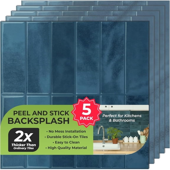 5 Pack Peel and Stick Backsplash Subway Tiles, Extra Thick 3D Wall Panels, Heat & Water Resistant, Easy DIY Kitchen, Bathroom, Laundry, Fireplace & Rental Home Wall Décor (12 x 12 in), Blue