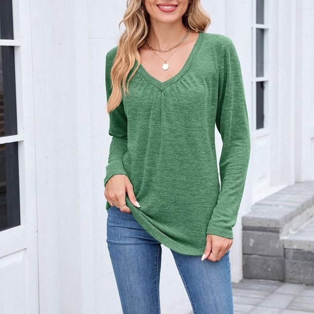 Ailaofu Women Tops Long Sleeve Shirts V Neck Loose Fit Soft Casual Solid Color T-Shirts Fall Clothing