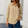 thumbnail image 2 of OIOLOYJM 3/4 Sleeve Women's Button Down Shirts Collared Textured Business Blouses Loose Fit Dressy Casual Fashion Work Tops with Chest Pocket Khaki L, 2 of 5