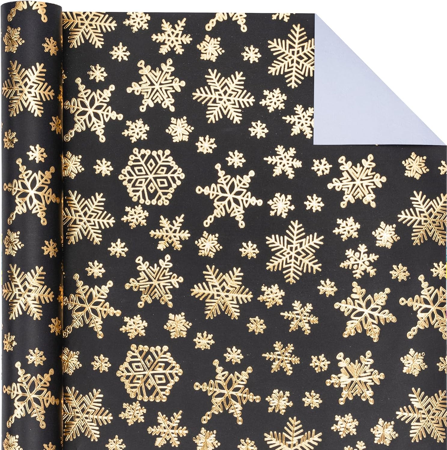 3D Kraft Christmas Wrapping Paper Roll - Mini Roll - 17 Inch x 16.5 Feet - Gold and Black Snowflake Wrapping Paper with Embossed Perfect for Christmas, Holiday, Party Celebration
