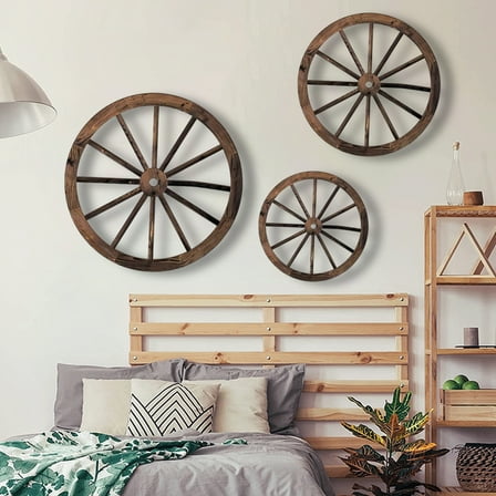 Vintage Wooden Decorative Wall Hanging Set of 3 Round Wheels - Bronze Finish, Natural Wood Material for Home, Cafe, or Store Decor