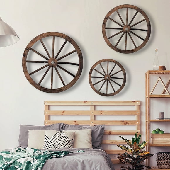 Vintage Wooden Wheel Wall Decor Set | 3-Piece Round Hanging Art | Bronze Finish, Natural Wood, 11.8in 9.8in 7.9in | Rustic Triangle Arrangement | Home, Cafe, Bookstore Accent