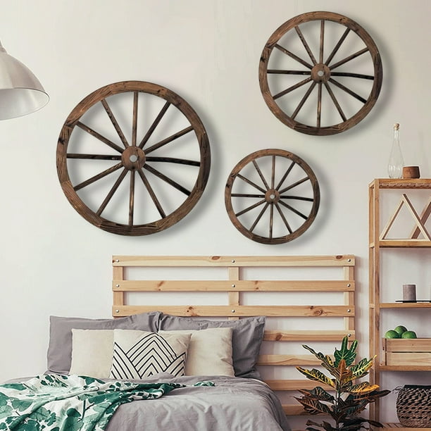 Juego de 3 piezas de decoración de pared con ruedas de madera vintage | Adorno de pared redondo de carpintería | Acabado en bronce | Tamaños: 30, 25 y 20 cm | Decoración rústica para sala de estar y