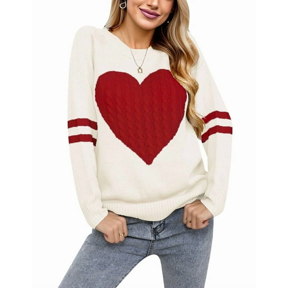 Valentine's Day Sweaters for Women Crew Neck Pullover Sweater Cute Cable Knit Heart Sweater Shermie
