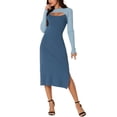 thumbnail image 2 of INSPIRE CHIC Women's Long Sleeve Cut Out Midi Dress Crew Neck Color Block Knitted Sweater Dresses S Blue-Dark, 2 of 6