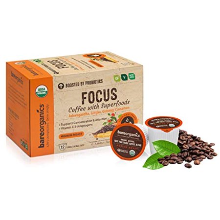 Bareorganics Focus Coffee With Superfoods  Organic Probiotic  Ashwagandha  Ginko  Ginseng  12 Count