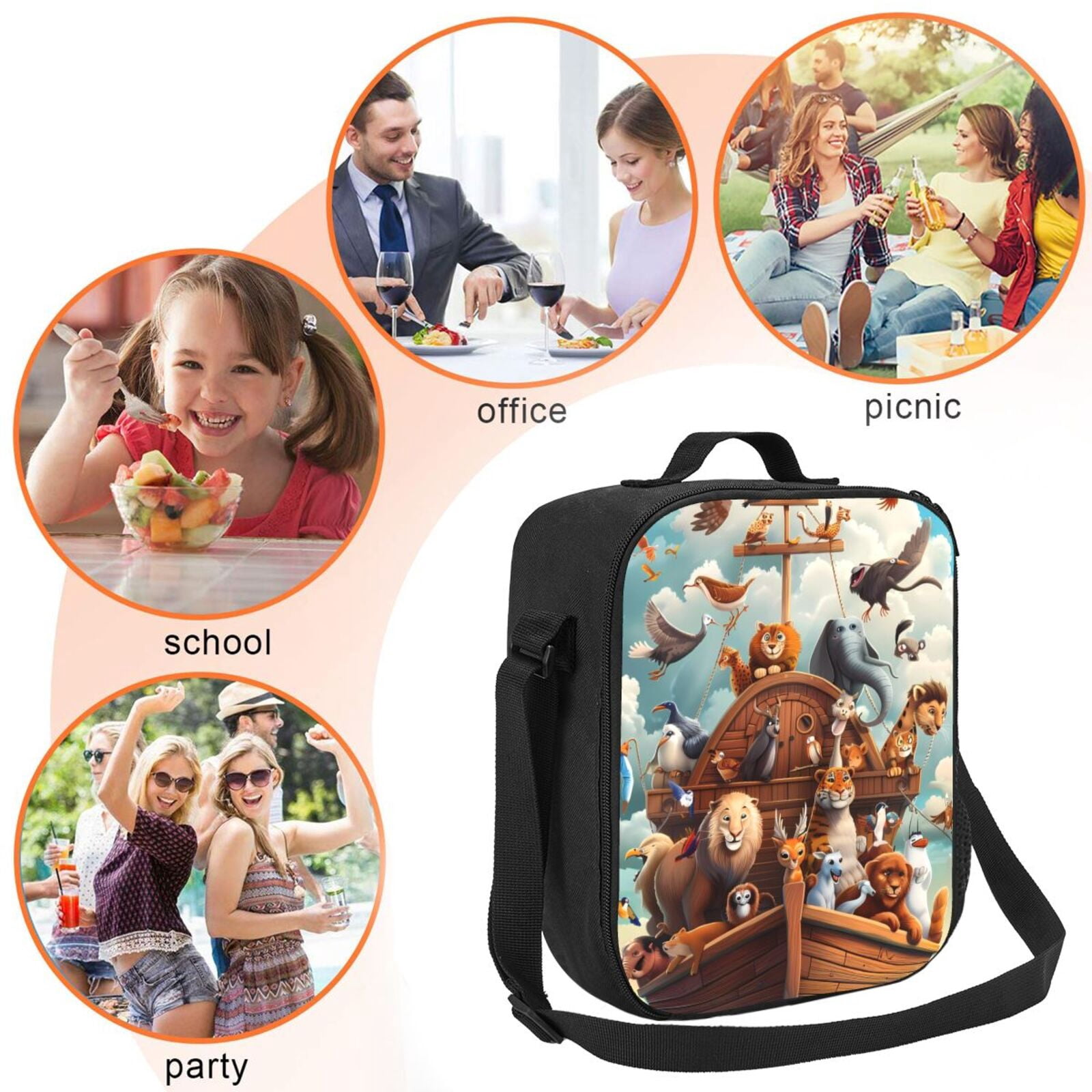 Rateoe Animal Filled Noahs Ark Lunch Bag Reusable Lunch Box with Shoulder Straps for Men Women Insulated Portable Lunchbox for adults Suitable for School Work Picnic