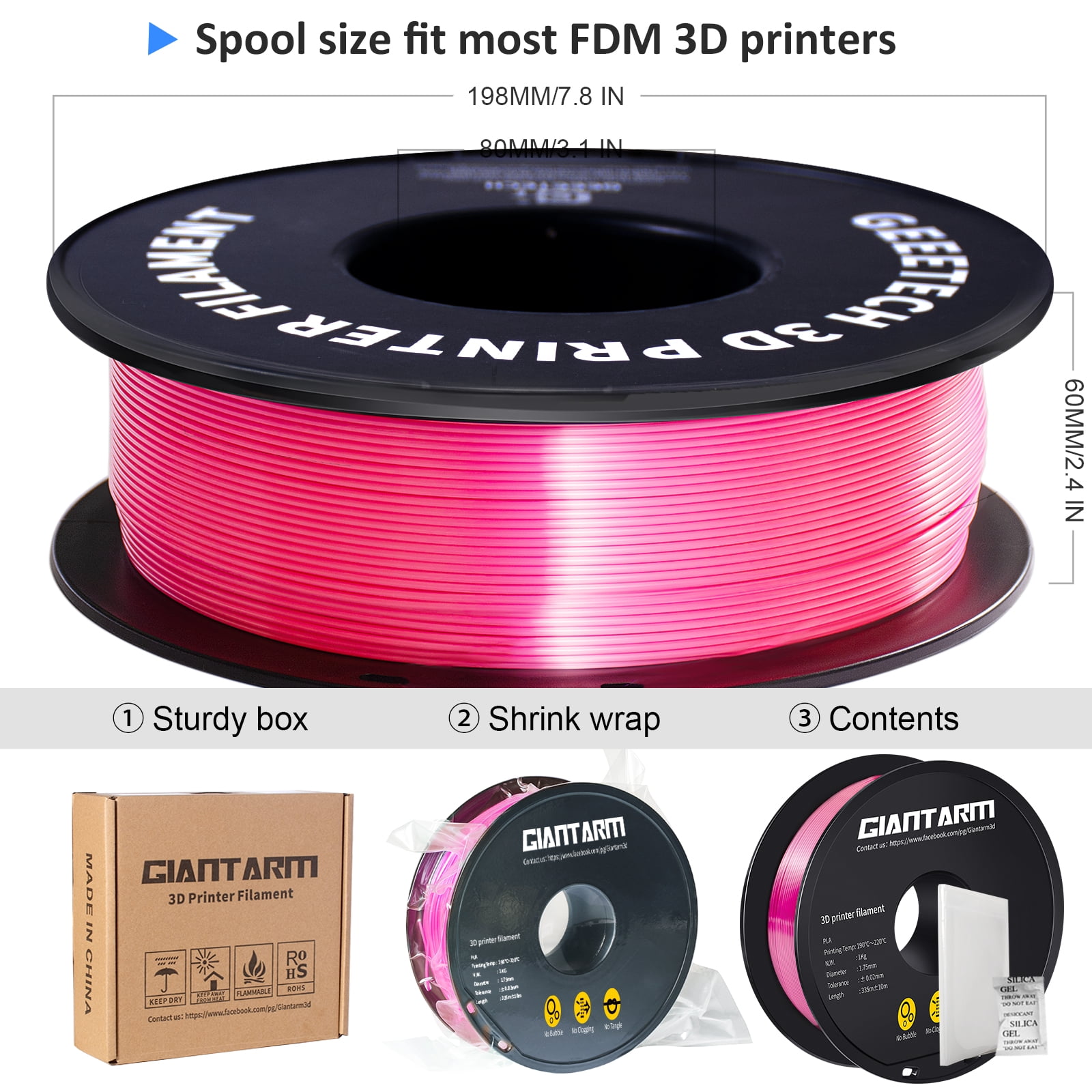 GEEETECH 3D Printer silk magenta PLA Filament 1.75mm 1kg Spool (2.2lbs),Dimensional Accuracy +/- 0.03mm