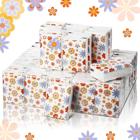 50 Pack Floral Pocket Tissues Travel Packs Bulk 3 Ply Small Floral Travel Facial Individual Paper Tissues Pocket Size for Wedding Holiday Party Supplies, 7 Sheets Each