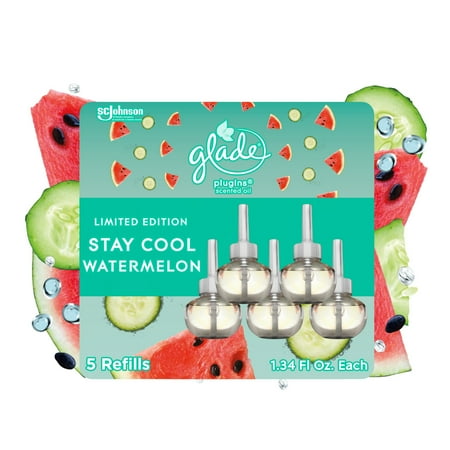 Glade Plugins Scented Oil Refill  Stay Cool Watermelon Scent  Infused with Essential Oils  Spring Limited Edition Fragrance  Positive Vibes Collection  0.67 Oz  5 Count