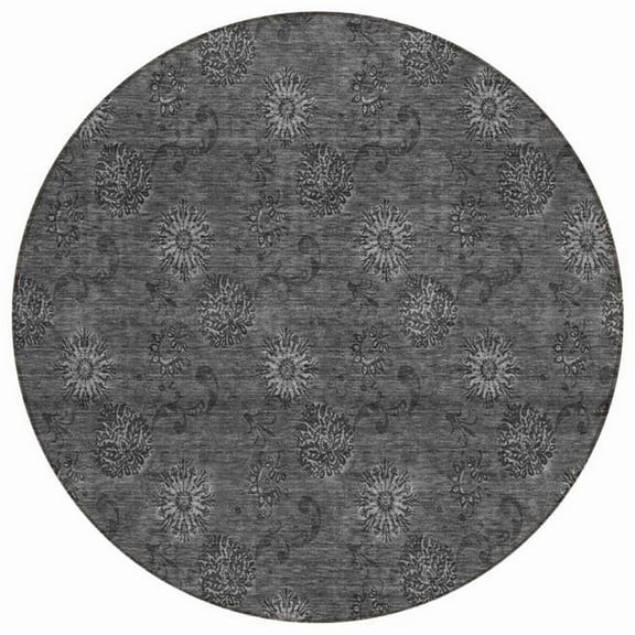 HomeRoots 586980 8 ft. Round Floral Washable Indoor & Outdoor Area Rug, Gray & Charcoal