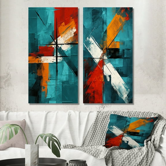 Designart "Ineffable Love Teal Abstract I" Abstract Painting Wall Art Set Of 2 - Modern Red Wall Decor Set Of 2