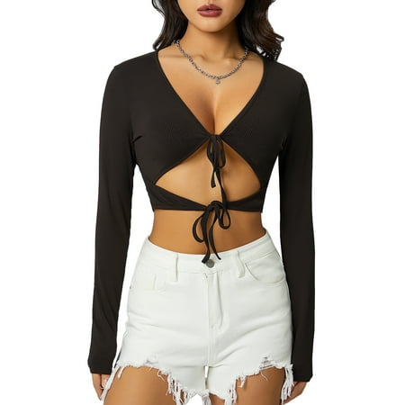 

xingqing Women s Corset Top Long Sleeve Cutout Bandage Crop Tops V Neck Tee Slim Fit Bodycon T Shirt Streetwear Black S