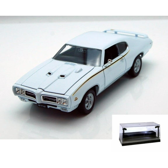 Diecast Car w/LED Display Case - 1969 Pontiac GTO, White - Welly 22501 - 1/24 scale Diecast Model Toy Car