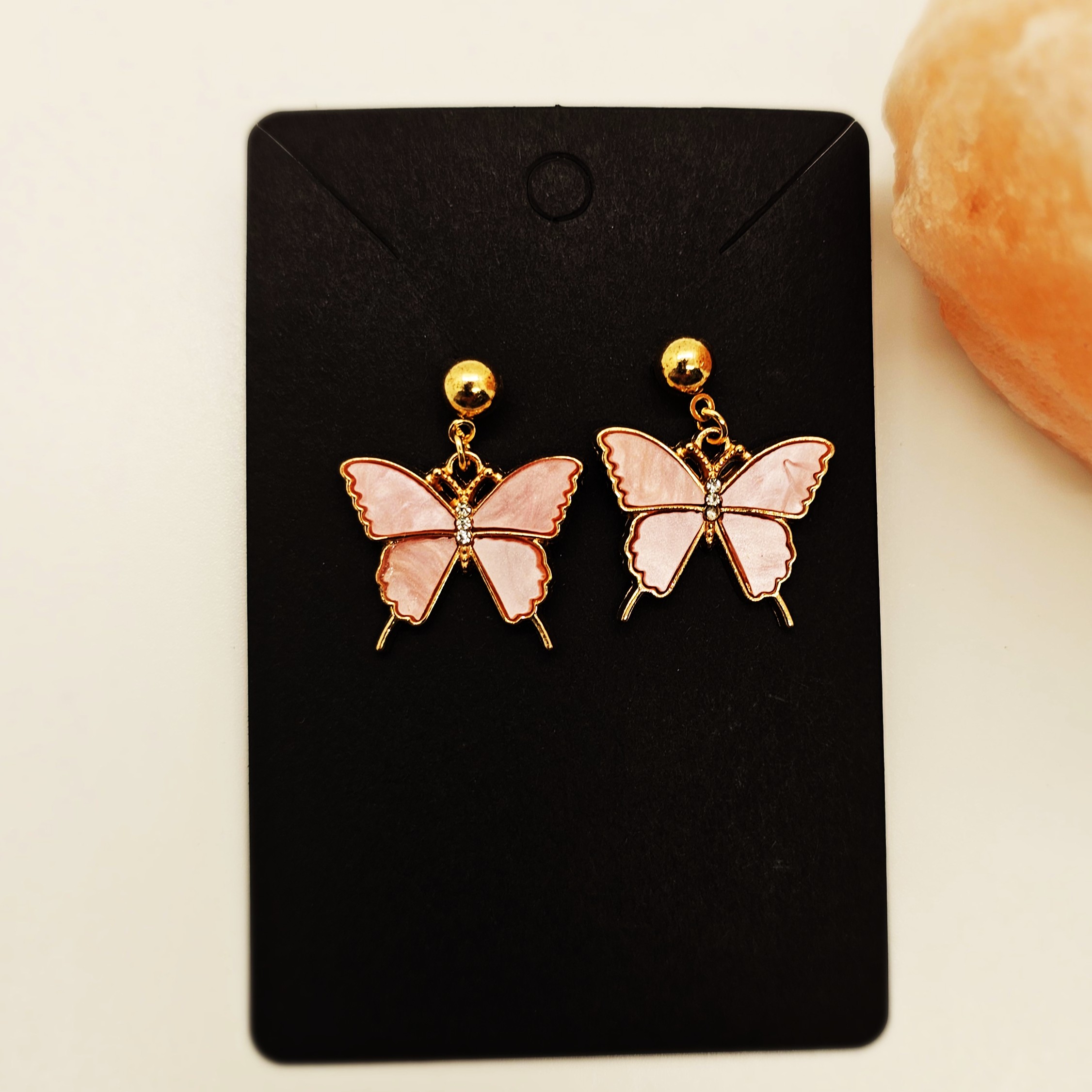 Pink Enamel Butterfly Earrings, Gold Tone