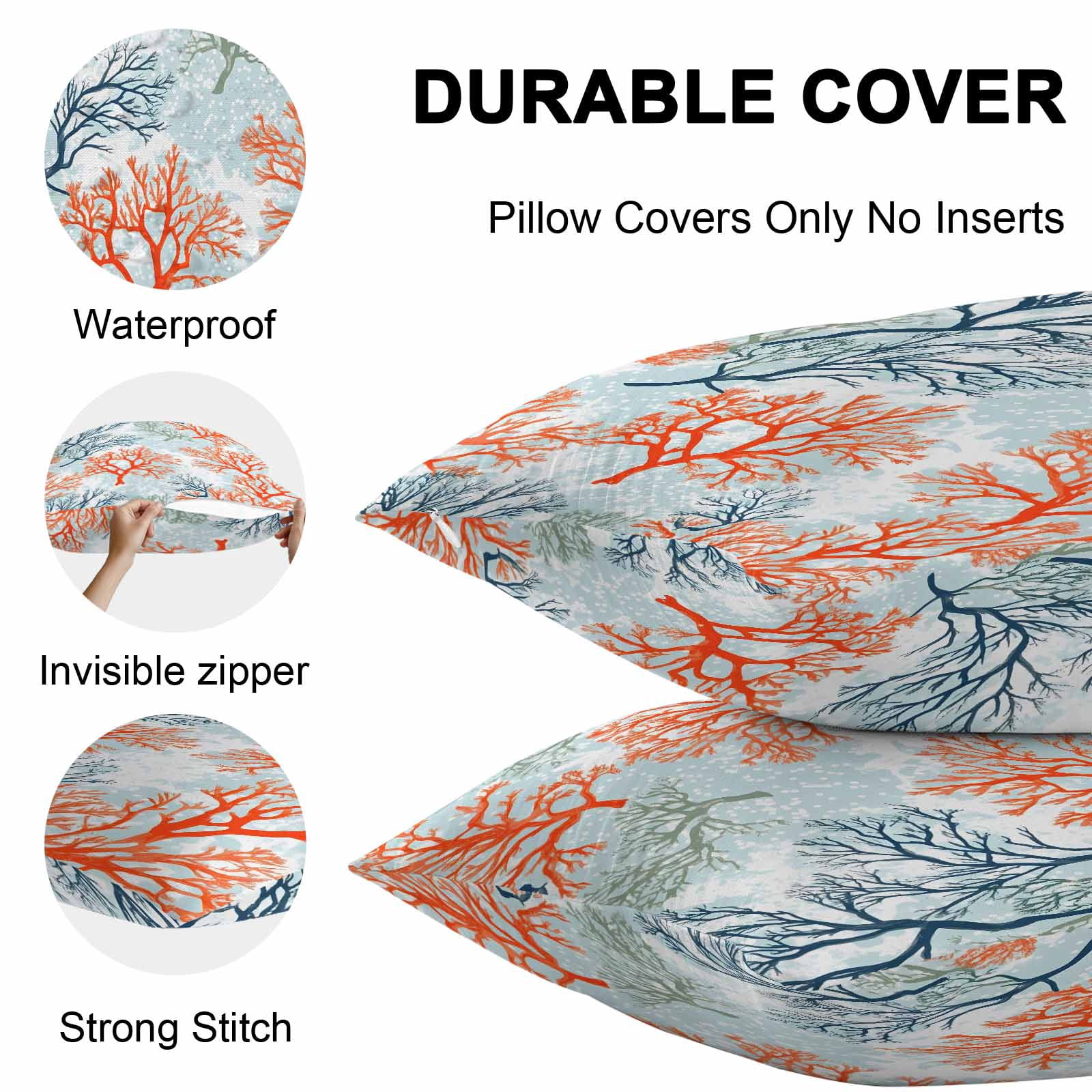 Waterproof Throw Pillow Covers Set of 2, 20x20 Inch Orange-red Coral Decorative Pillowcases Outdoor Pillow Slip Cushion Covers Set for Couch Tent Blue Ocean Coastal Nature Branch Dots