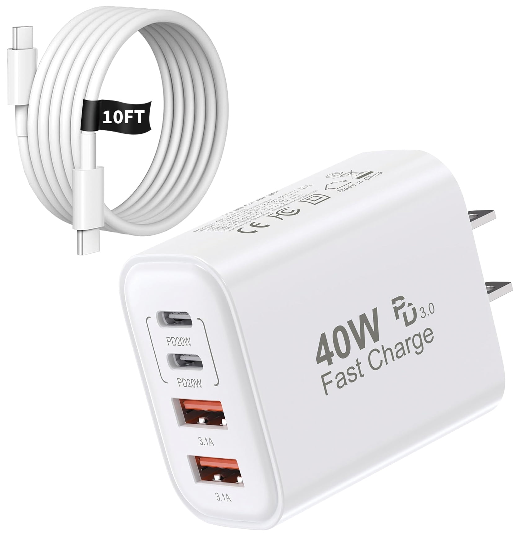 USB C Charger Block with 10FT USB C to C Cable, 40W 4 Port PD&QC Wall Charger Block Fast Charging Compatible with iPhone 16/16 Pro/16 Pro Max/16 Plus/15/15 Pro/15Pro Max/iPad