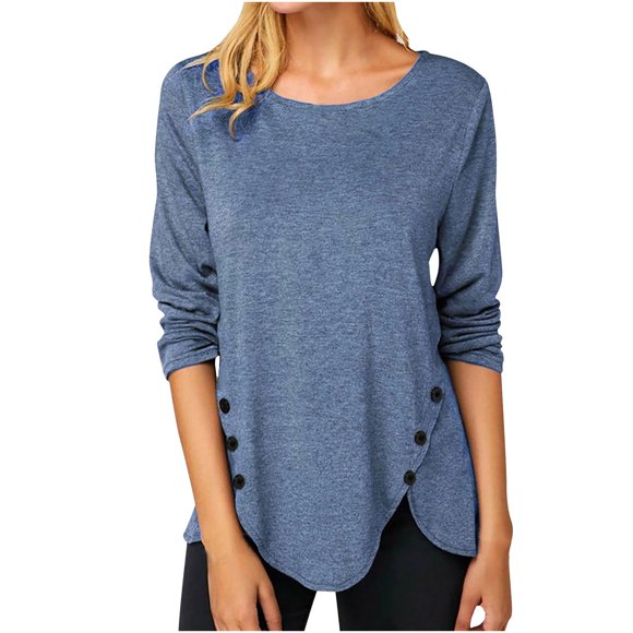 lcziwo Womens Casual Long Sleeve Tunic Shirts Round Neck Button Side Blouses Loose Fit Solid Color Tops 2024 Fall Trendy T Shirts Blue,L