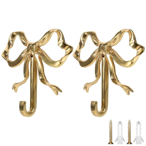 Scheam Gold Bow Wall Hooks 2 Pcs Metal Purse Hanger Decorative Knot Coat Rack 2.5 × 2.5 inch Vintage Multi-Purpose Towel Hooks for Hanging Keys Hats Bags Umbrella (S)