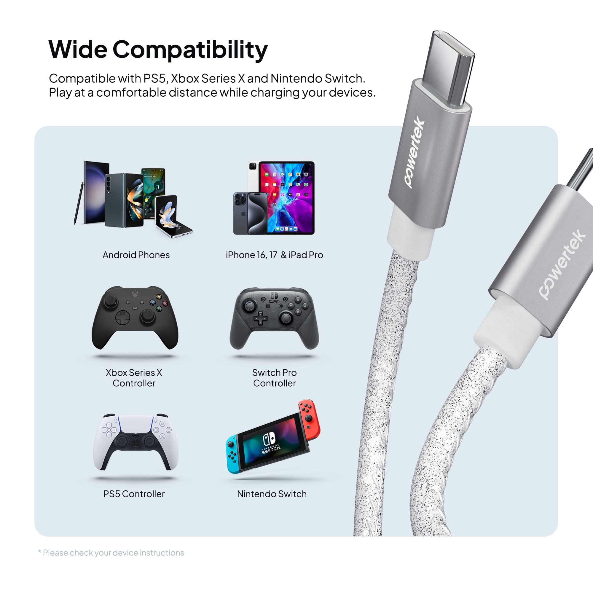 Powertek USB-C to USB-C Cable, Fast Charging Type-C Charger Cord, Durable Tangle-Resistant Sync Cable, White Glitter, 6FT