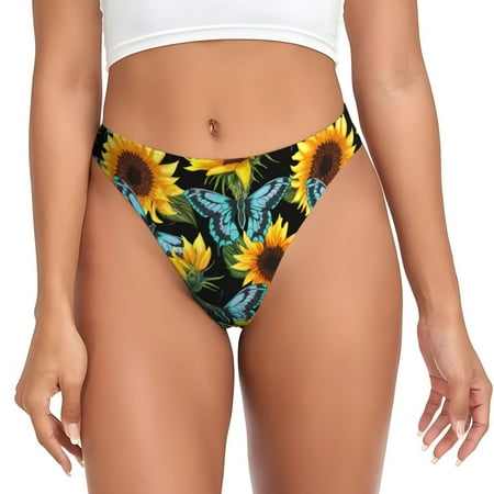 Qokaie Blue Batterflies Sunflower Printed Women s Cotton Thong Underwear  Sexy Breathable Panties G-string-X-Large