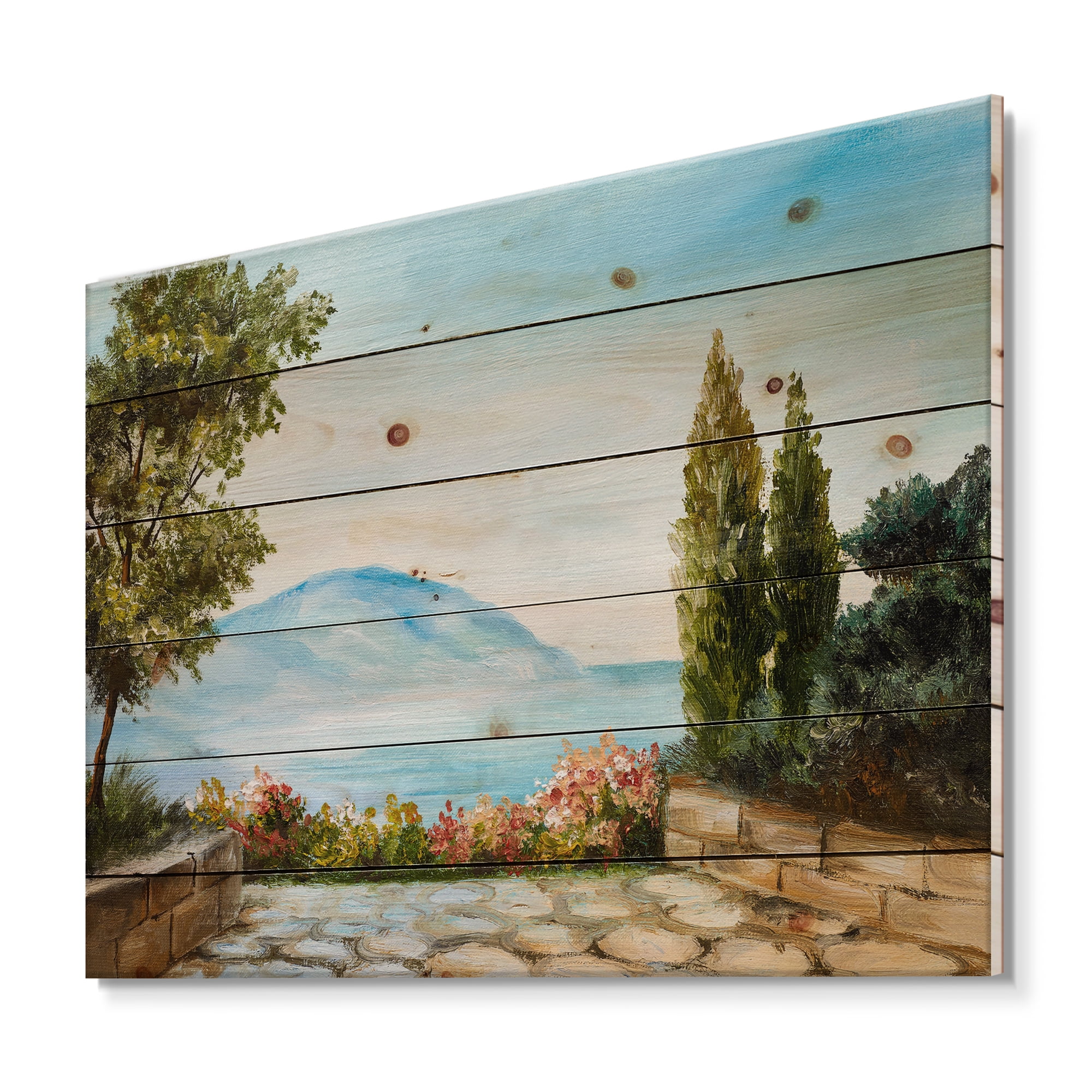Designart 'Beautiful Mountains View By The Sea Side' Nautical & Coastal Print on Natural Pine Wood