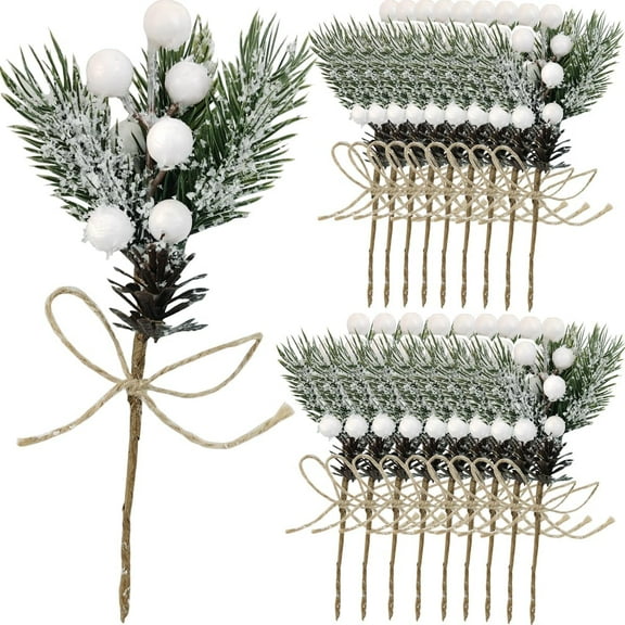 20Pcs 8inch Artificial Christmas Floral Picks, White Fake Berry Picks Stems, Pine Branches with Pinecones Holly Leaves for Vase Floral Arrangement Wreath Winter Holiday Season Decor Crafts
