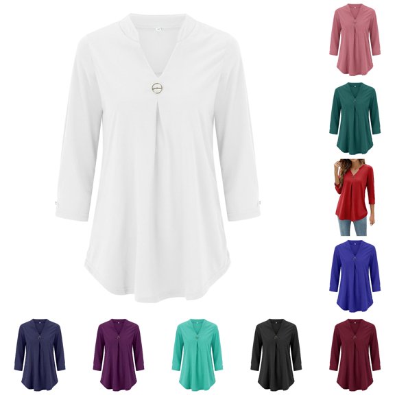 HCYSFG Womens Button T Shirts V Neck 3/4 Sleeve Ruched Front Solid Color Relaxed Fit Casual Tees Fall Everyday Wear Tunic Tops