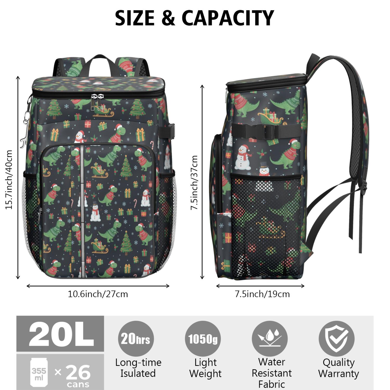 Travel Cooler Bag - Christmas Dinosaur Pattern Camping Beer Cooler Backpack with Bottle Opener- Waterproof Insulated Picnic Backpacks - Cooler Bag for Beach