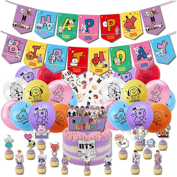 FFIY BTS Birthday Party Supplies for ARMY 1 BTS Banner 21 BTS Balloons 15 BTS Cake Toppers 6 Sheet of BTS Tattoo Stickers 2 Roll of Balloon Ribbon - -