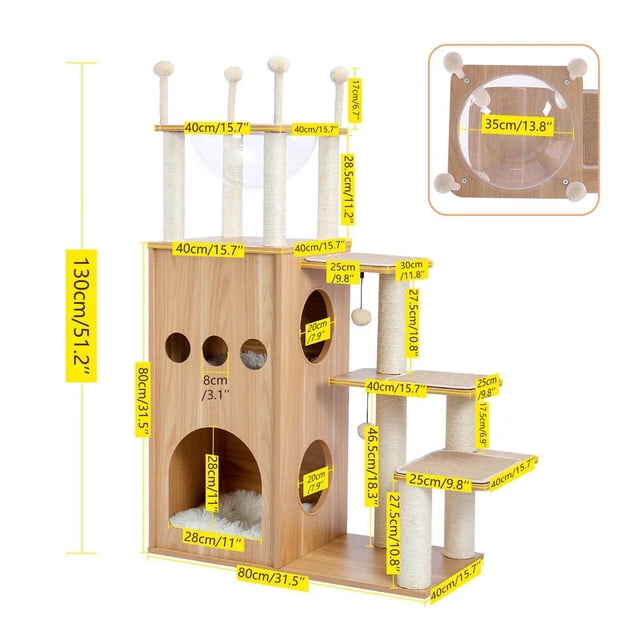Wood Cat Scratcher Luxury Cat Tree Condo Kitten Nest Climbing Tower with Scratching Post Cat Toys Playing Platform House ShopWise Round
