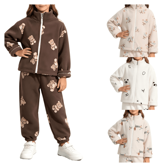 CBASIHI Girls Warm Sherpa 2 Piece Sets Long Sleeve Zip Up Jacket Elastic Waist Jogger Pants Teddy Bear Casual Cute Fall Winter Outfit Teddy Bear 1 T-12 T