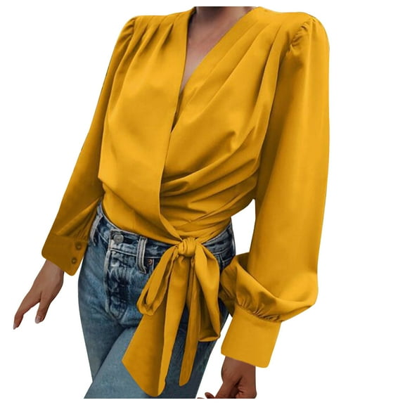 Kovlvoll Womens Tops Dressy Casual Draped Wrap V Neck Long Sleeve Loose Comfy Fashion Solid Color Blouse Shirt