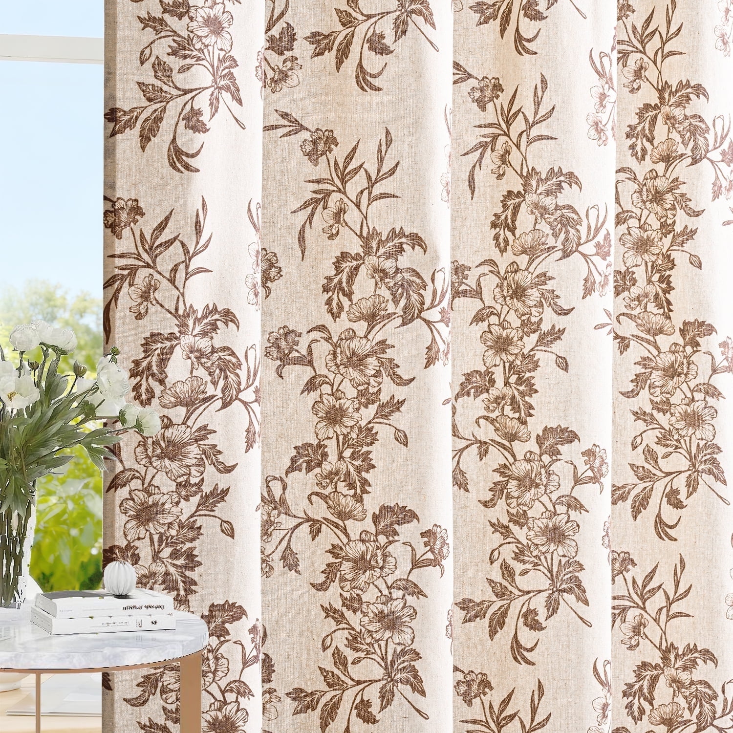Alishomtll Floral Curtains for Living Room Farmhouse Country Linen Curtains Light Filtering Window Drapes,Brown ,52"x84", 2 Panels