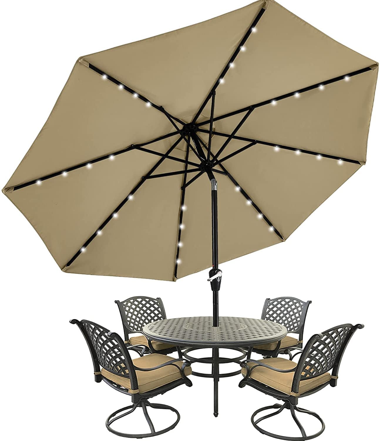 Patio Umbrella with 32 Solar LED Lights 8 Ribs (9ft,Turquoise