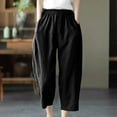thumbnail image 3 of Women Casual Pants Cotton Loose Elastic High Waist Cropped Trousers with Pocket Pleated Harem Leg Baggy Bottoms, Black, M, 3 of 4