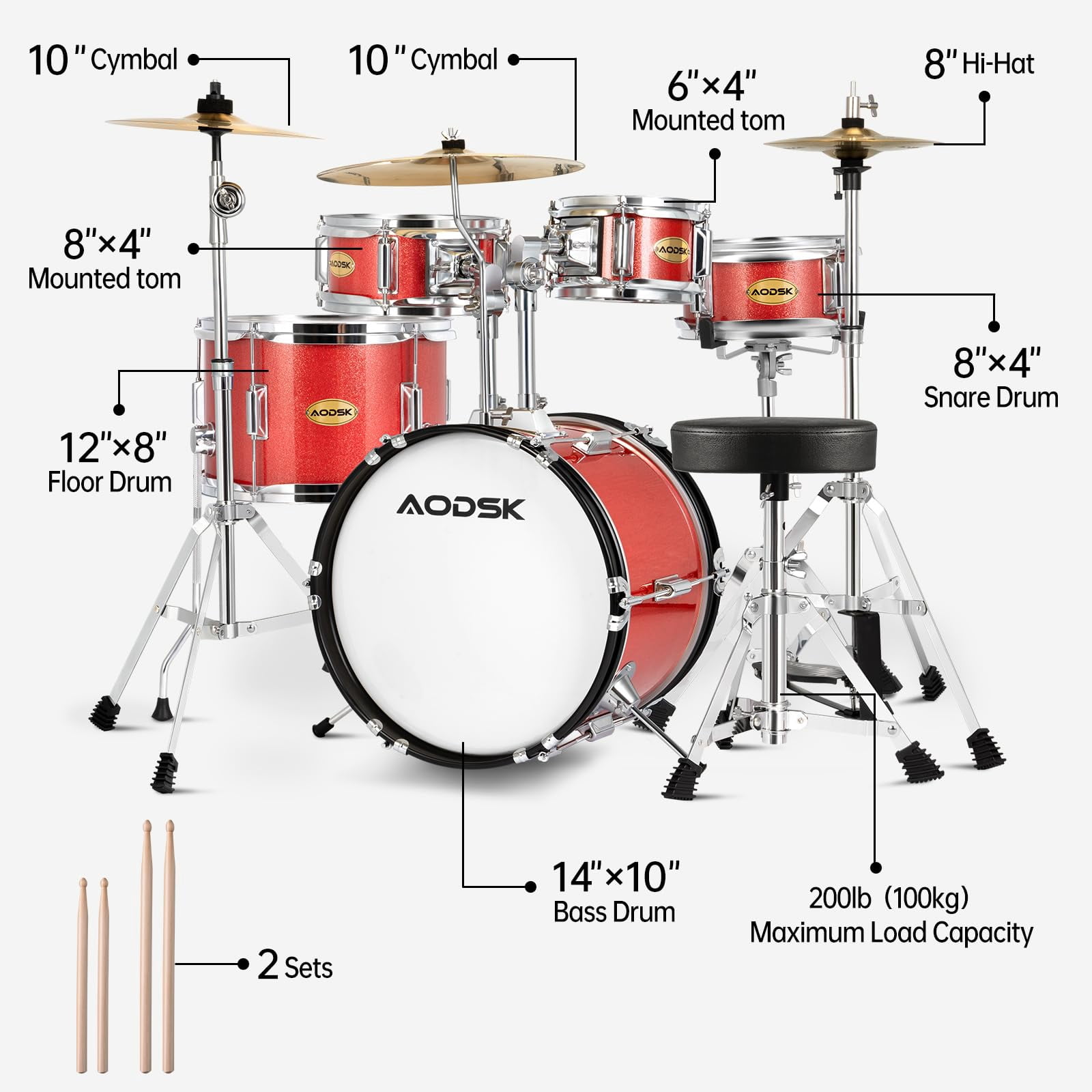 AODSK 5-Piece Junior Drum Set, a Complete Kit for Kids with Bass Drum, Tom-Tom, Snare, Cymbals, Hi-Tone Drum, Sticks, Base Pedal and Stool, Beginner Set, Gift for Boys & Girls