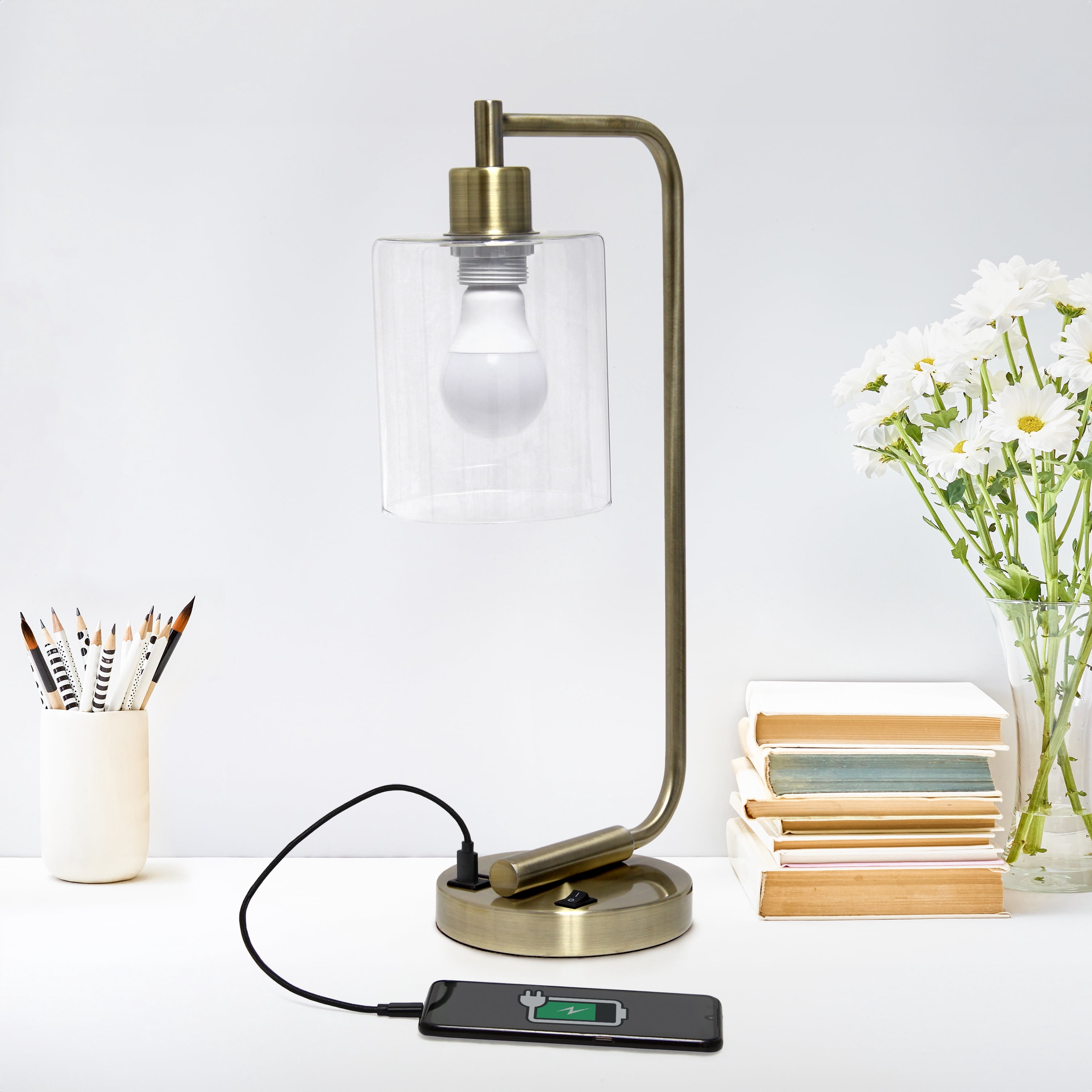 Creekwood Home 18.8" Vintage Industrial Desk Lamp w/ USB Ports & LED Bulb, Antique Brass