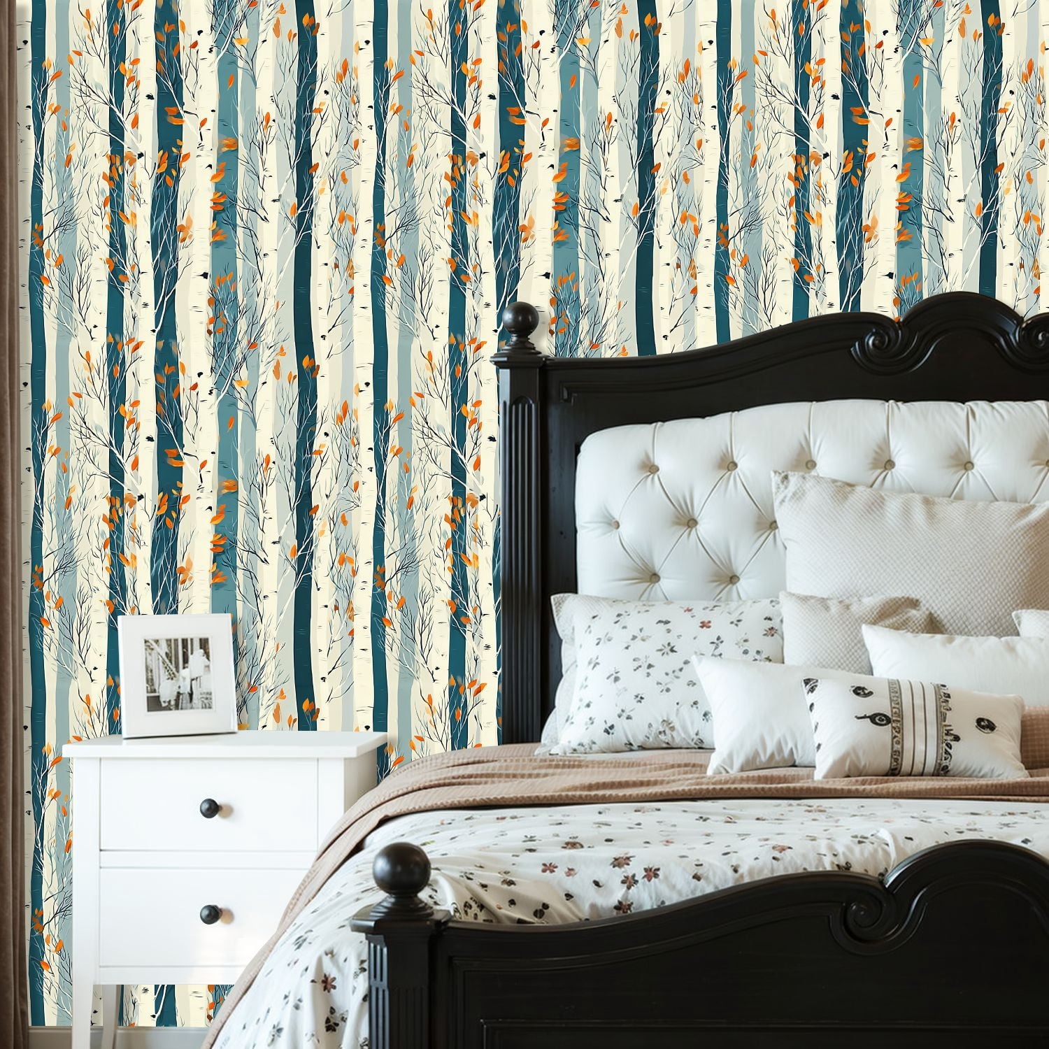 Peel and Stick Wallpaper 23.6in x 9.8ft Abstract Birch Trees Autumn Leaves Cool Blue Rustic Forest Contact Paper Vinyl Waterproof Self Adhesive Wall Paper for Bedroom Shelf Cabinet Renter Friendly