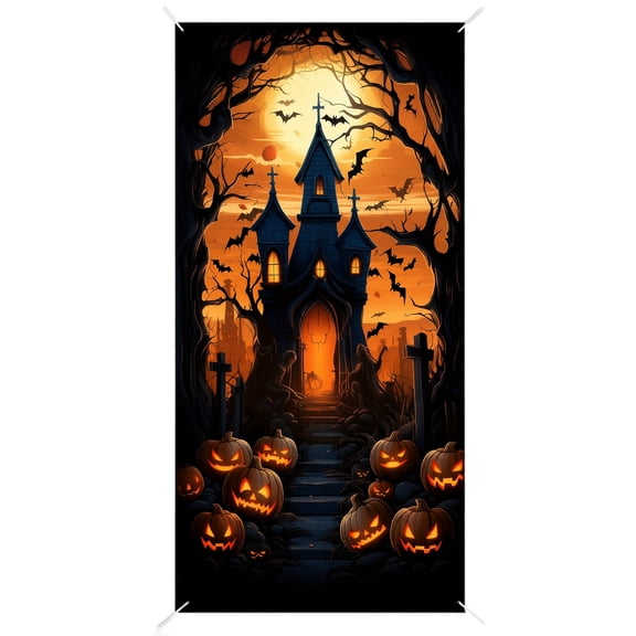Halloween Door Decor Banner, Spooky Haunted House Pumpkin Print, 1 Piece Indoor Outdoor Hanging Decoration, for Halloween Party Wall Window Garage Porch Haunted Scene Decor Holiday Gift