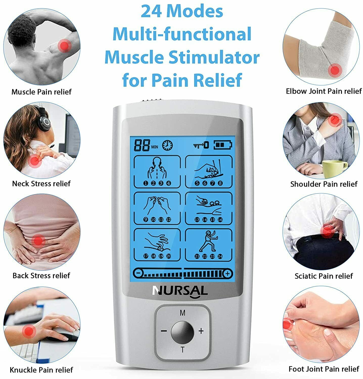 NURSAL TENS EMS Unit Muscle Stimulator for Pain Relief Therapy, Electric 24  Modes Dual Channel TENS Machine Pulse Massager with 12 Pcs Electrode  Pads/Continuous Stable Mode/Memory Function Blue