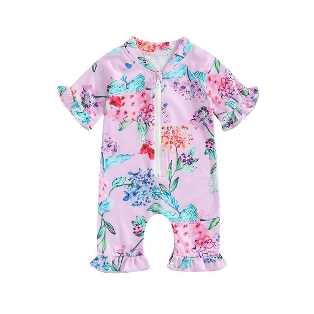 EYIIYE Infant Baby Girls Rash Guard Swimsuit 3M 6M 12M 18M Newborn One-piece Swimwear Rompers Half Sleeve Jumpsuit Floral Print Bodysuit Ruffles Zipper Bathing Suit Cute Fashion Sweet Beachwear