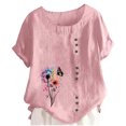 thumbnail image 4 of cocolona Summer Printed T-shirts for Women Crew Neck Short Sleeve Button Pullover Tops Dressy Casual Blouses Base Tees, 4 of 5