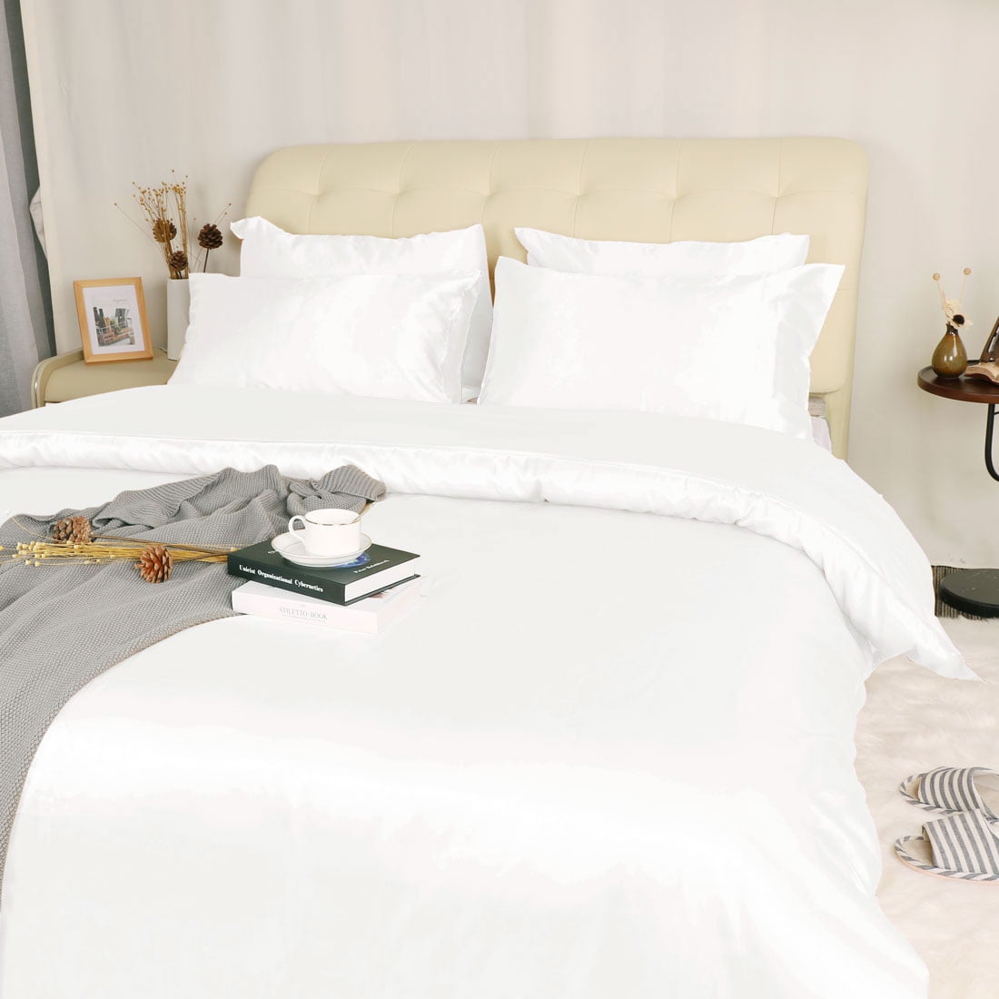 Unique Bargains Satin Duvet Cover Set of 3 with 2 Pillowcase King Cream White