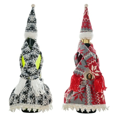 

2 Pcs Merry Christmas Wine Bottle Bag Cover Xmas Festival Party Table Decor Knitted Scarf with Hood Skirt Bottle Set (Red-grey+Black-white)