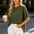 thumbnail image 4 of dazeni Summer Sweaters for Women Ruffle Flare Short Sleeve Knit Crochet Pullover Hollow out Oversized Crewneck Tops Army Green, 4 of 7
