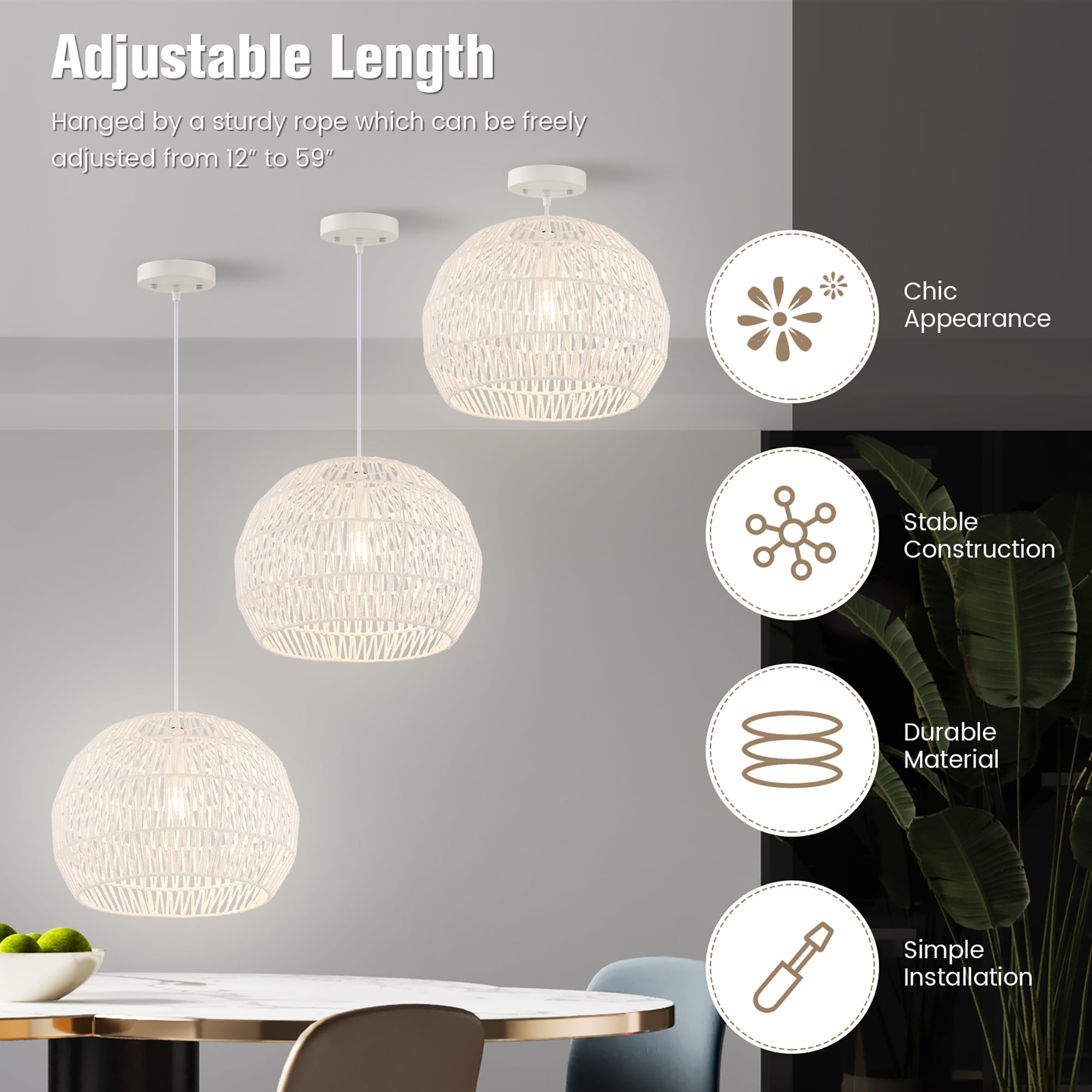 Costway 17.5'' Round Paper Pendant Ceiling Light Fixture with Adjustable Hanging Rope