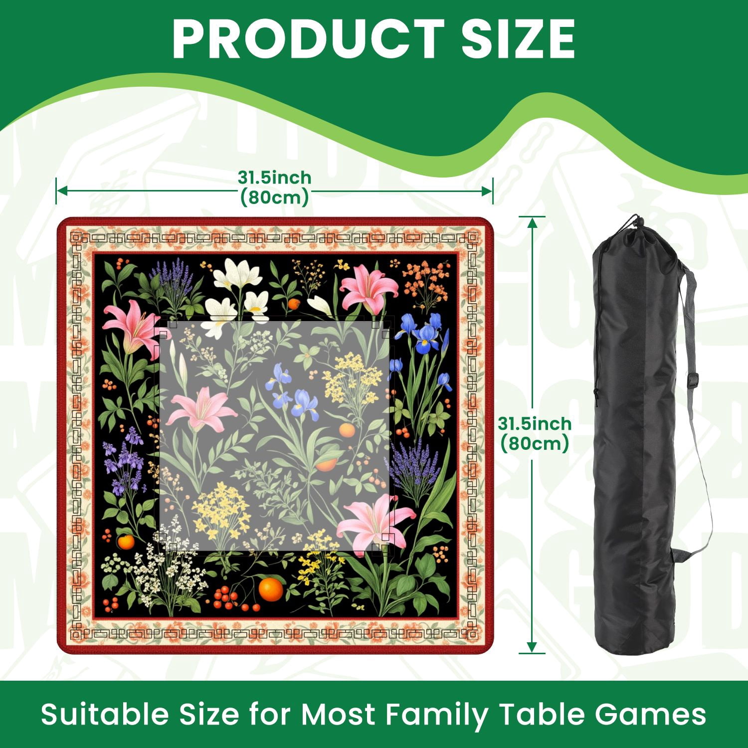 Mahjong Mat 31.5" x 31.5" Floral Pink Lilies Blue Irises White Yellow Flowers Black Non-Slip Noise Reduction American Mahjong Tiles Table Cover for Dominoes Poker Card Board Games Gift