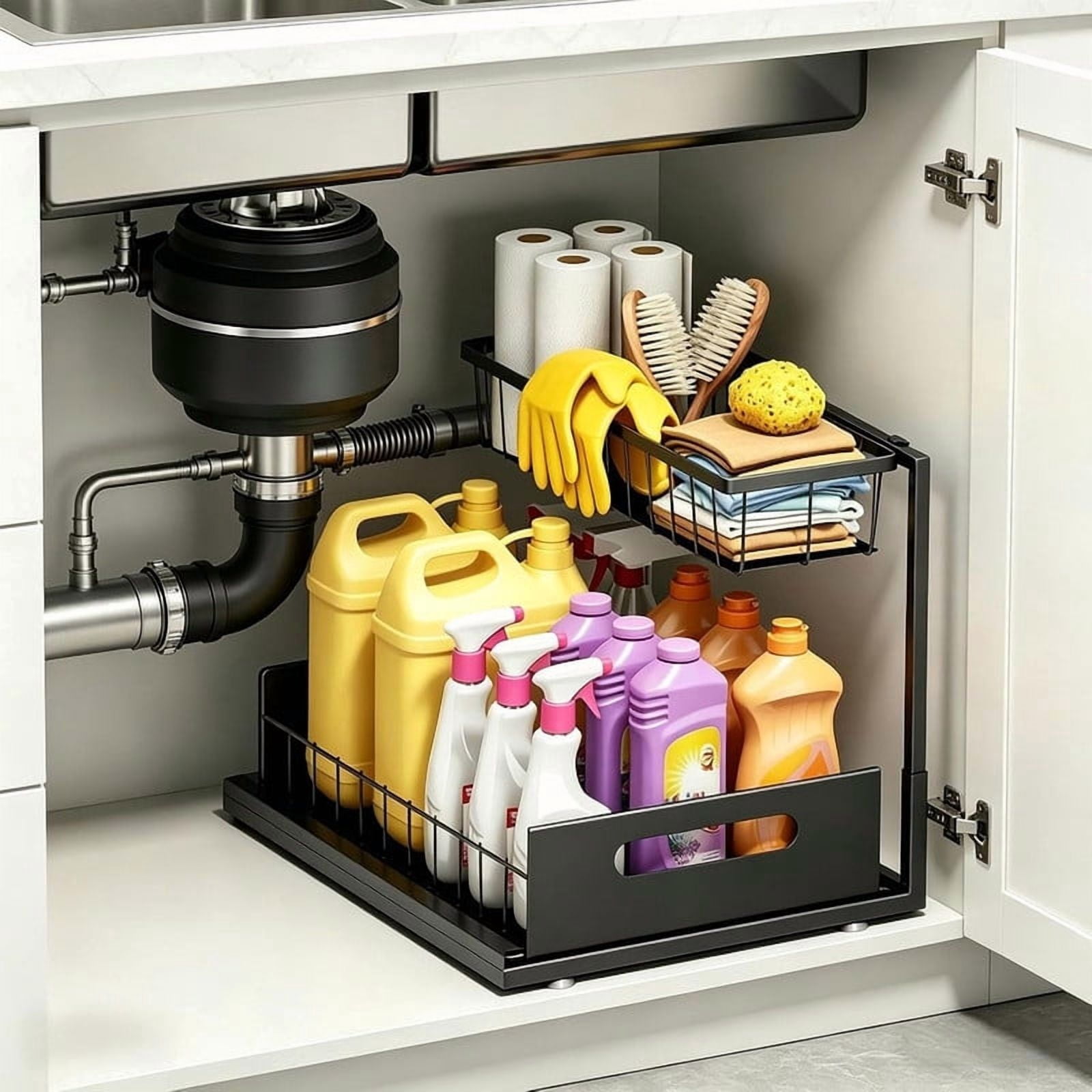 2-Tier L-Shape Under Sink Organizer, Slide Out Metal Kitchen & Bathroom Storage Rack, Kitchen Cabinet Organizer, 1 Pack